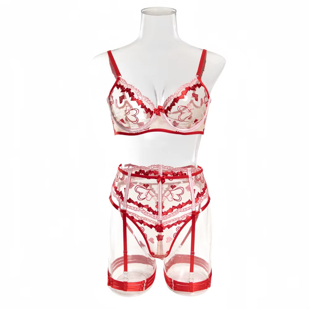 Fancy Heart-Shaped Embroidery Bras Sets Sexy Mesh Bows Patchwork Perspective Lingerie 4 Pcs Sets Sexi Exotic Intimate Outfits
