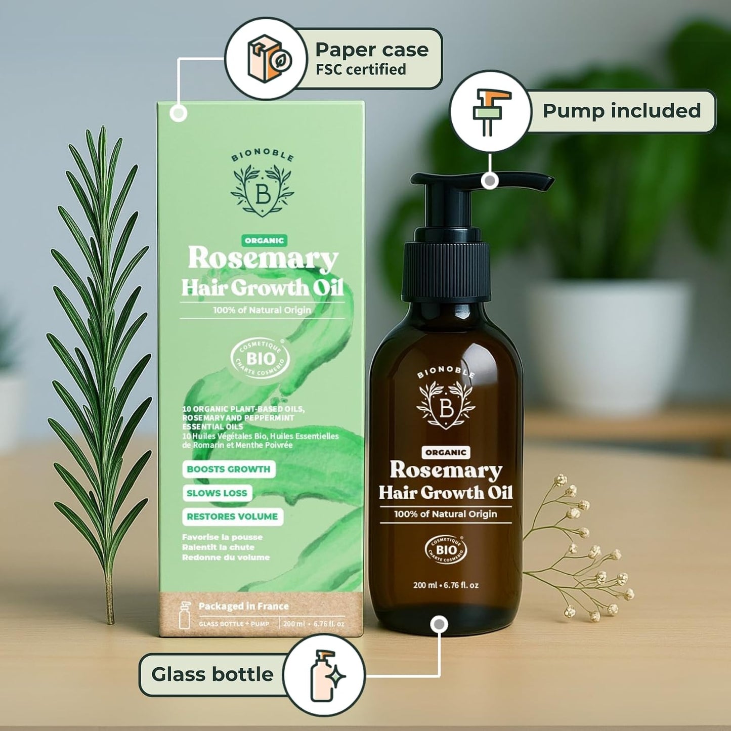 Organic Rosemary Oil for Hair Growth - Slows Loss, Restores Volume, Nourishes the Scalp - Rosemary Hair Oil, Castor, Argan - 100% Natural and Vegan - Glass Bottle with Pump - 200Ml