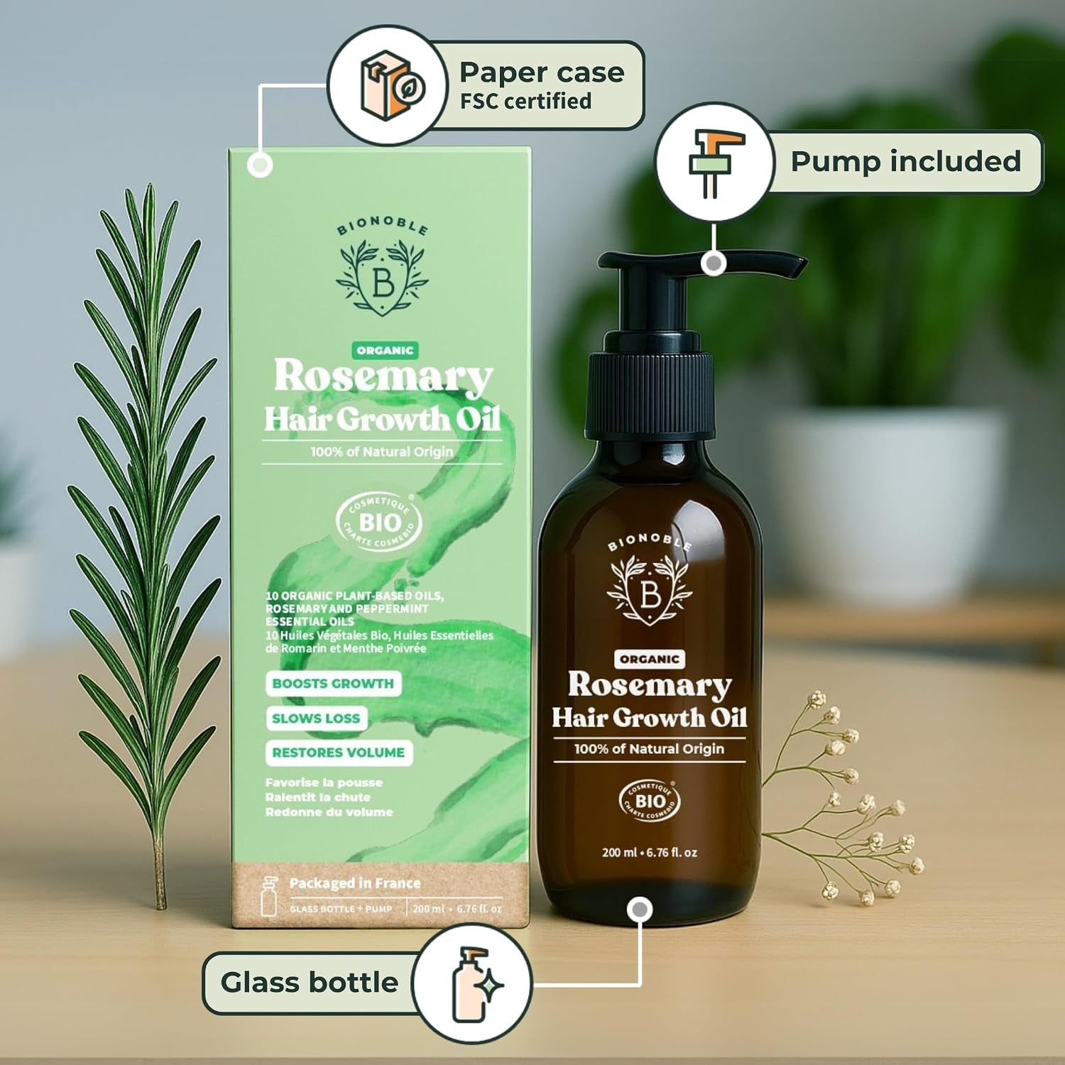 Organic Rosemary Oil for Hair Growth - Slows Loss, Restores Volume, Nourishes the Scalp - Rosemary Hair Oil, Castor, Argan - 100% Natural and Vegan - Glass Bottle with Pump - 200Ml
