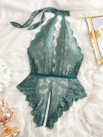 Transparent Deep V Lingerie Set for Women - Backless G-String Crotchless Bodysuit with Push-Up Bra and Panties