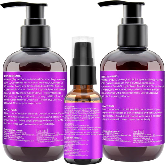 Hair Growth Shampoo and Conditioner Set with Rosemary Oil Serum, Biotin, Argan, Castor, Coconut, Keratin, Rice Water - Hair Loss Treatment, Thickening for Women and Men