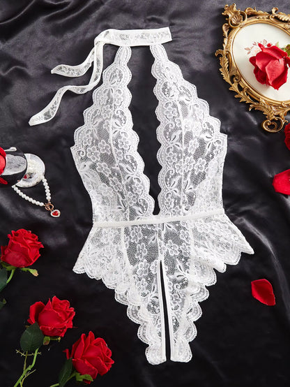 Transparent Deep V Lingerie Set for Women - Backless G-String Crotchless Bodysuit with Push-Up Bra and Panties