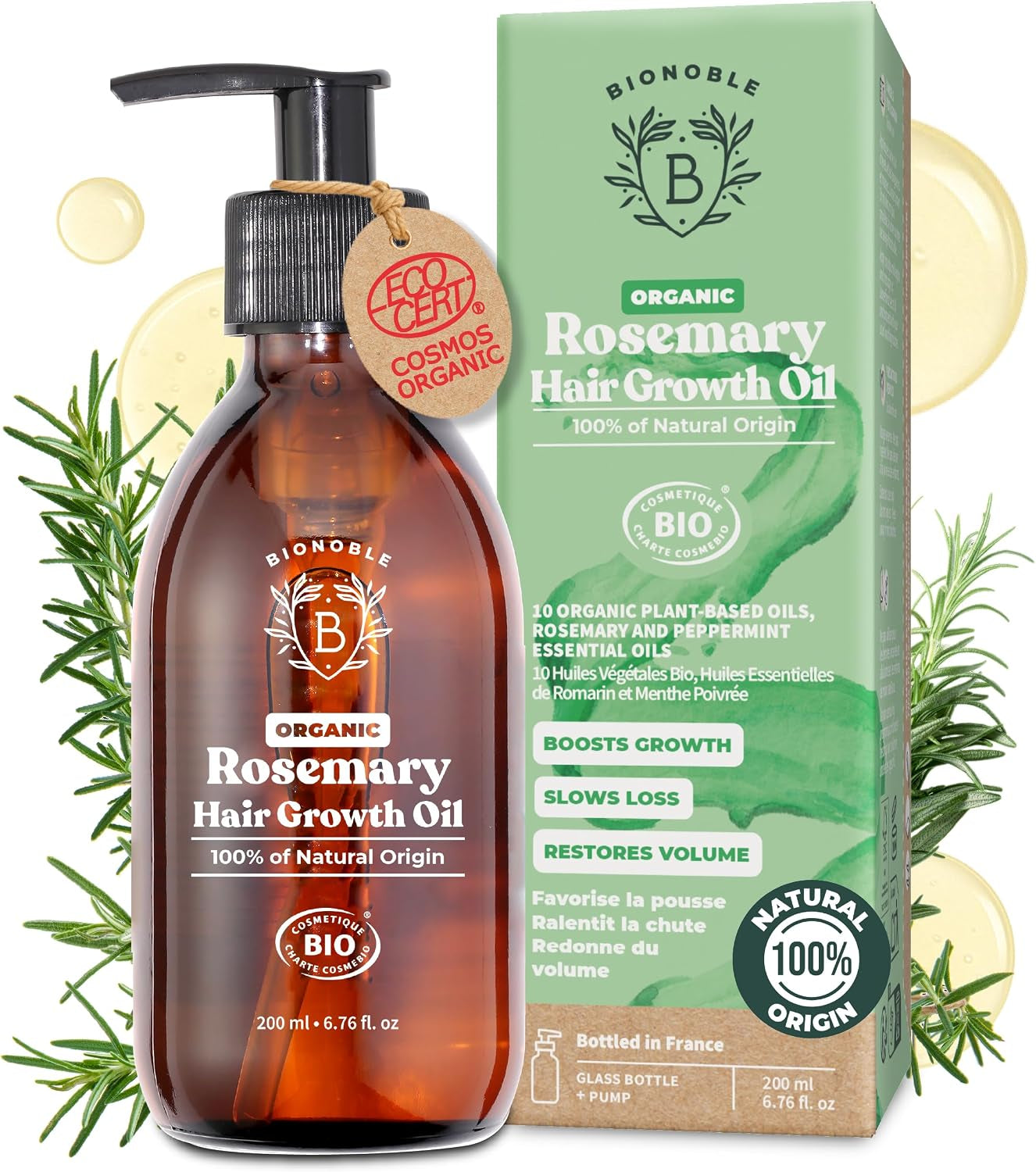 Organic Rosemary Oil for Hair Growth - Slows Loss, Restores Volume, Nourishes the Scalp - Rosemary Hair Oil, Castor, Argan - 100% Natural and Vegan - Glass Bottle with Pump - 200Ml
