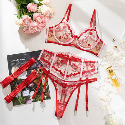 Fancy Heart-Shaped Embroidery Bras Sets Sexy Mesh Bows Patchwork Perspective Lingerie 4 Pcs Sets Sexi Exotic Intimate Outfits