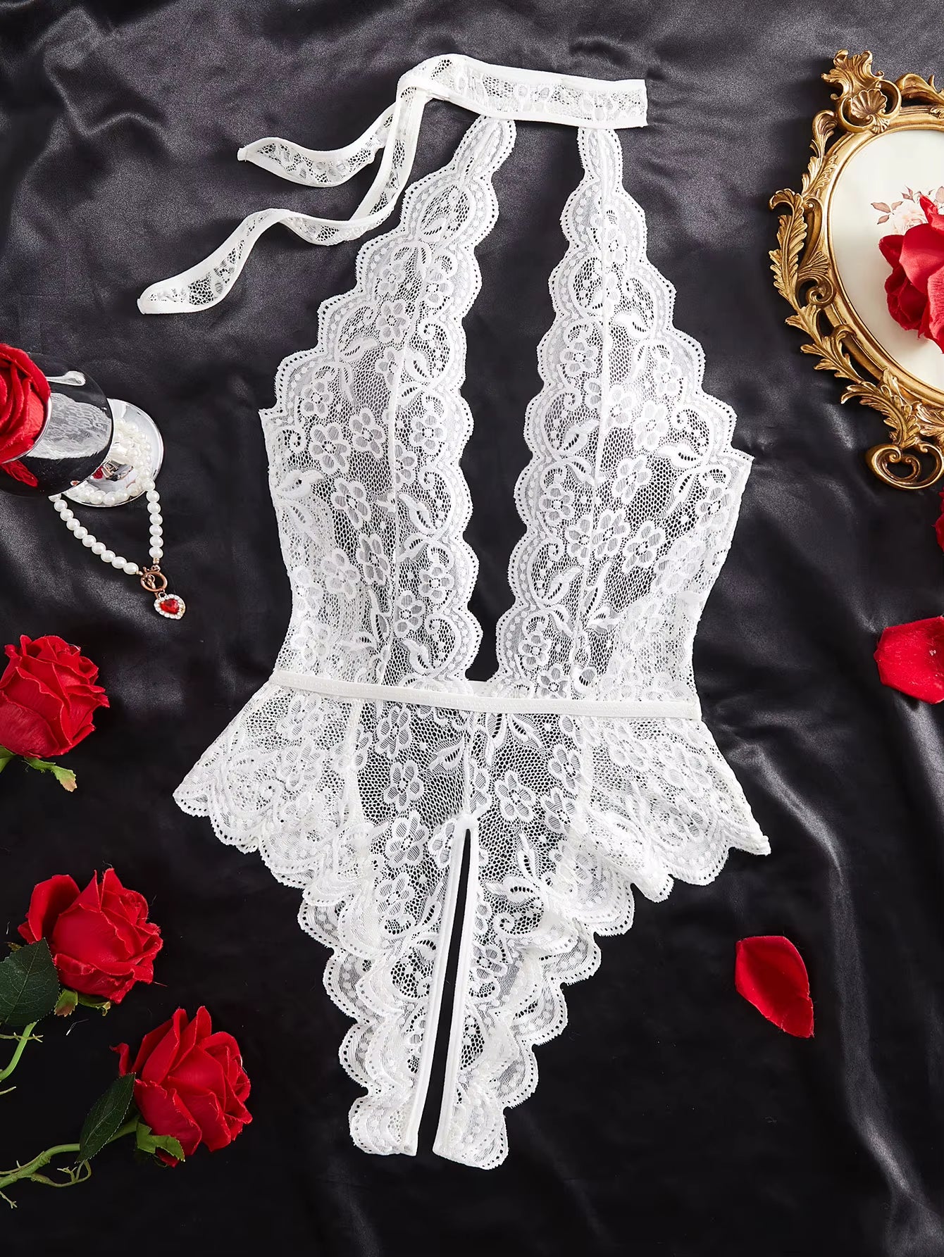 Transparent Deep V Lingerie Set for Women - Backless G-String Crotchless Bodysuit with Push-Up Bra and Panties