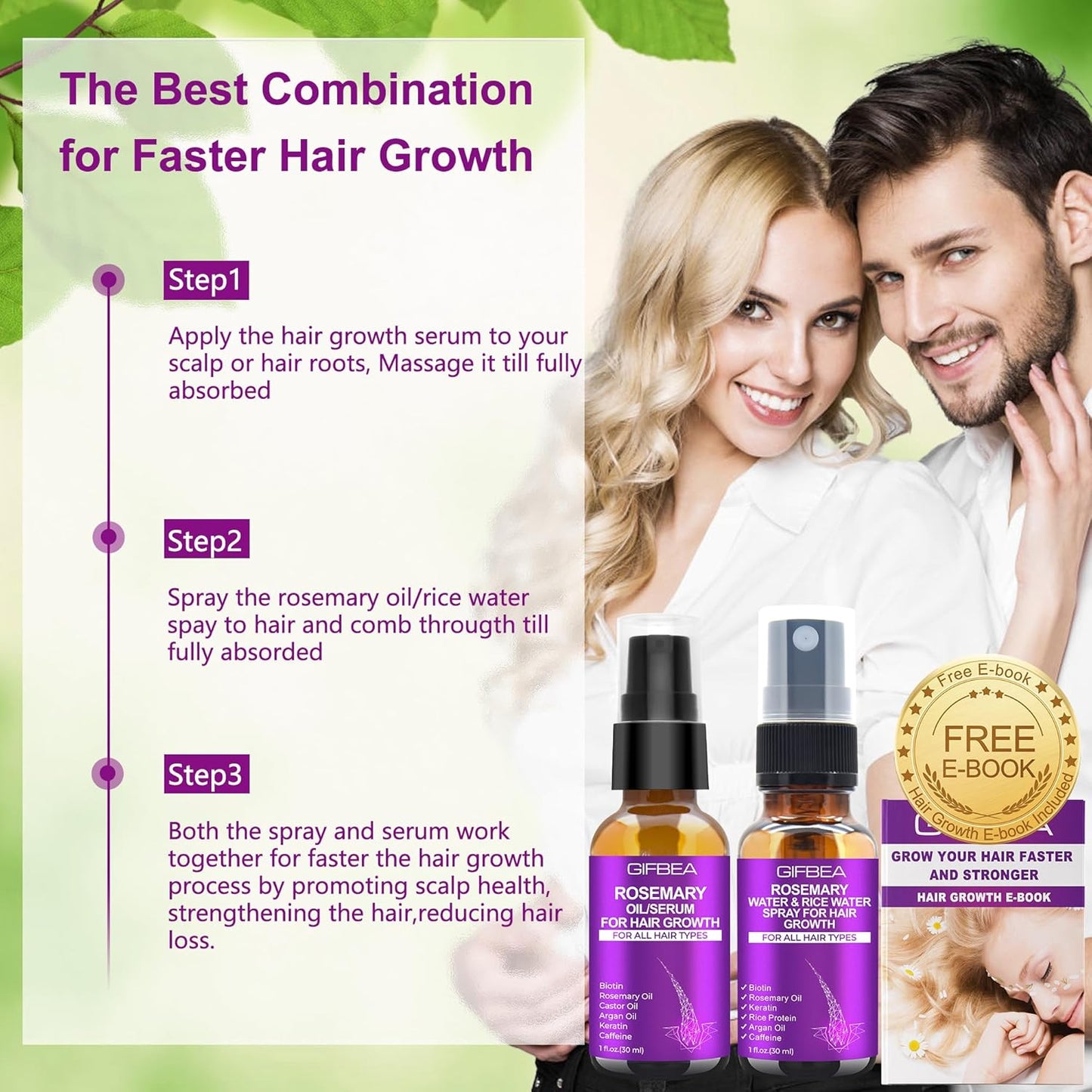 Rosemary Oil Serum for Hair Growth W/Rosemary Water & Rice Water Spray Hair Growth,Biotin Castor Oil Argan Oil Caffeine Keratin Reduce Hair Loss,Hair Thickening Products Treatment for Women Men