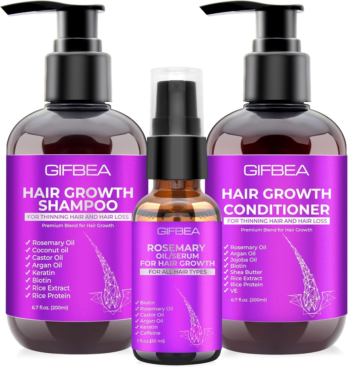 Hair Growth Shampoo and Conditioner Set with Rosemary Oil Serum, Biotin, Argan, Castor, Coconut, Keratin, Rice Water - Hair Loss Treatment, Thickening for Women and Men