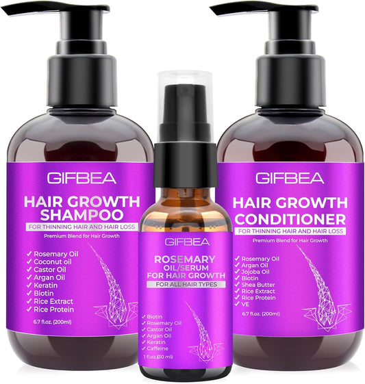 Hair Growth Shampoo and Conditioner Set with Rosemary Oil Serum, Biotin, Argan, Castor, Coconut, Keratin, Rice Water - Hair Loss Treatment, Thickening for Women and Men