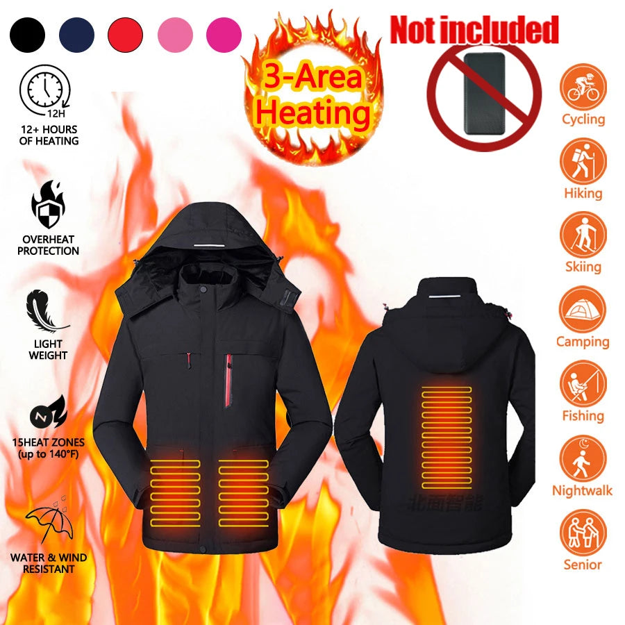 Heating Jacket Outdoor 3 Area Smart Heating Jackets Warm Coat Winter Thermal Clothing Heating Coat (Not Included the Power Bank)