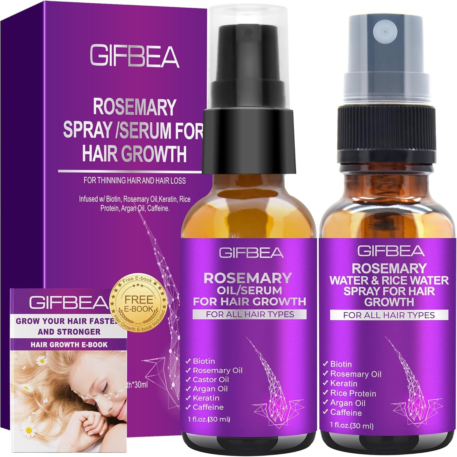 Rosemary Oil Serum for Hair Growth W/Rosemary Water & Rice Water Spray Hair Growth,Biotin Castor Oil Argan Oil Caffeine Keratin Reduce Hair Loss,Hair Thickening Products Treatment for Women Men