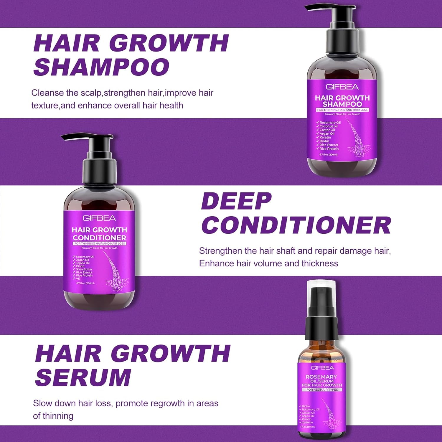 Hair Growth Shampoo and Conditioner Set with Rosemary Oil Serum, Biotin, Argan, Castor, Coconut, Keratin, Rice Water - Hair Loss Treatment, Thickening for Women and Men