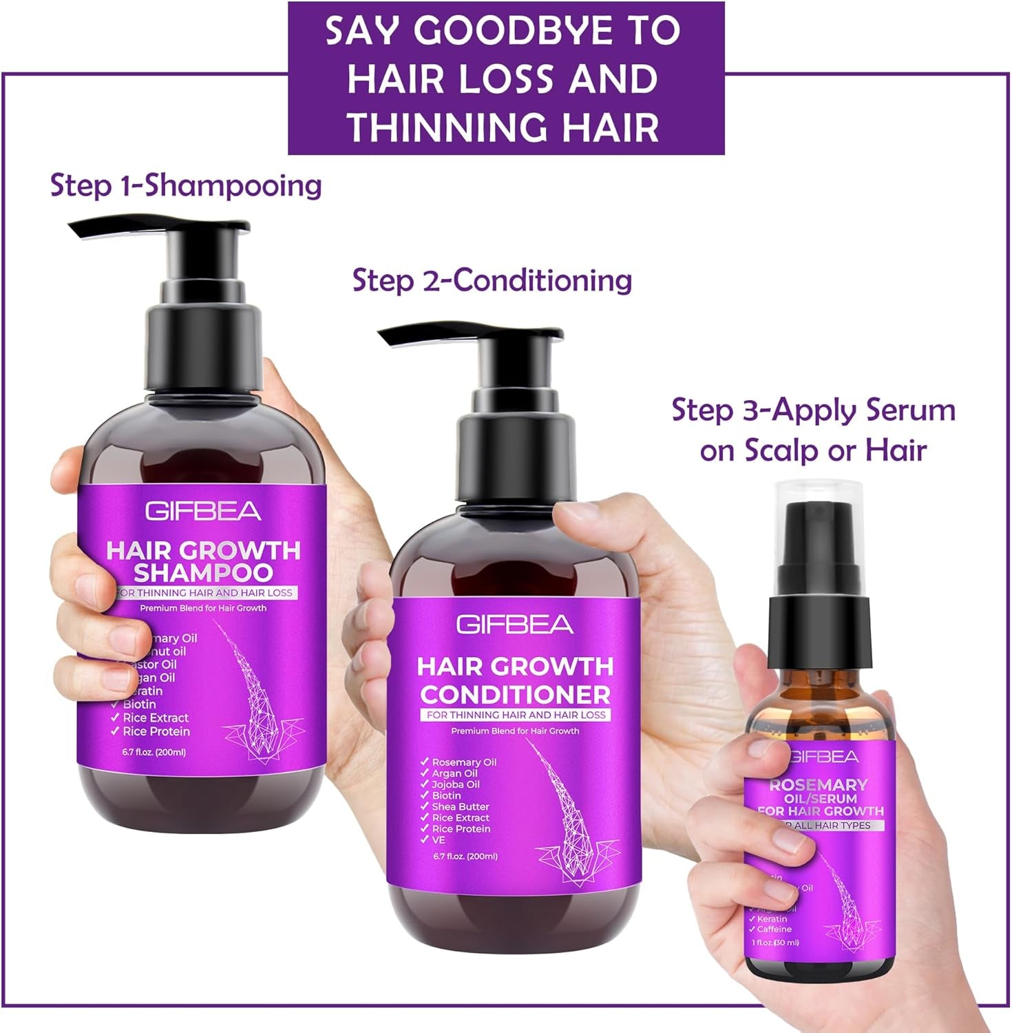 Hair Growth Shampoo and Conditioner Set with Rosemary Oil Serum, Biotin, Argan, Castor, Coconut, Keratin, Rice Water - Hair Loss Treatment, Thickening for Women and Men