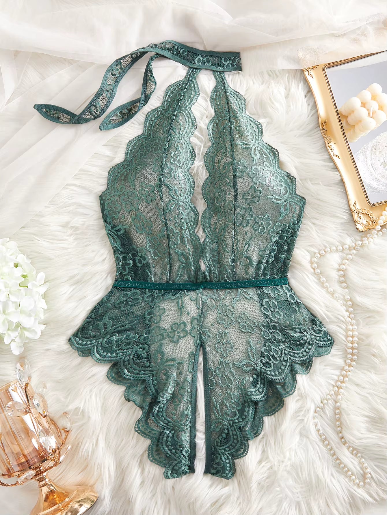 Transparent Deep V Lingerie Set for Women - Backless G-String Crotchless Bodysuit with Push-Up Bra and Panties