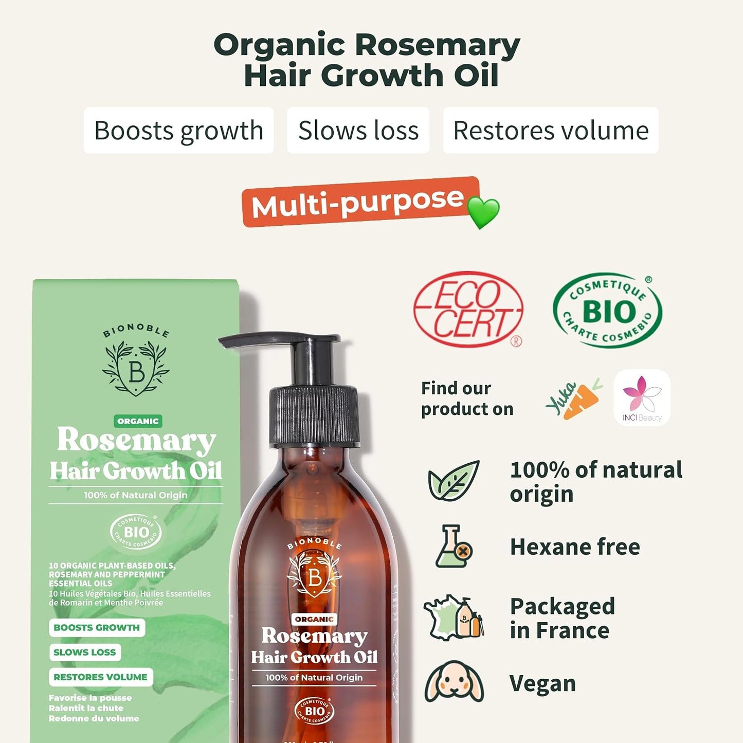 Organic Rosemary Oil for Hair Growth - Slows Loss, Restores Volume, Nourishes the Scalp - Rosemary Hair Oil, Castor, Argan - 100% Natural and Vegan - Glass Bottle with Pump - 200Ml